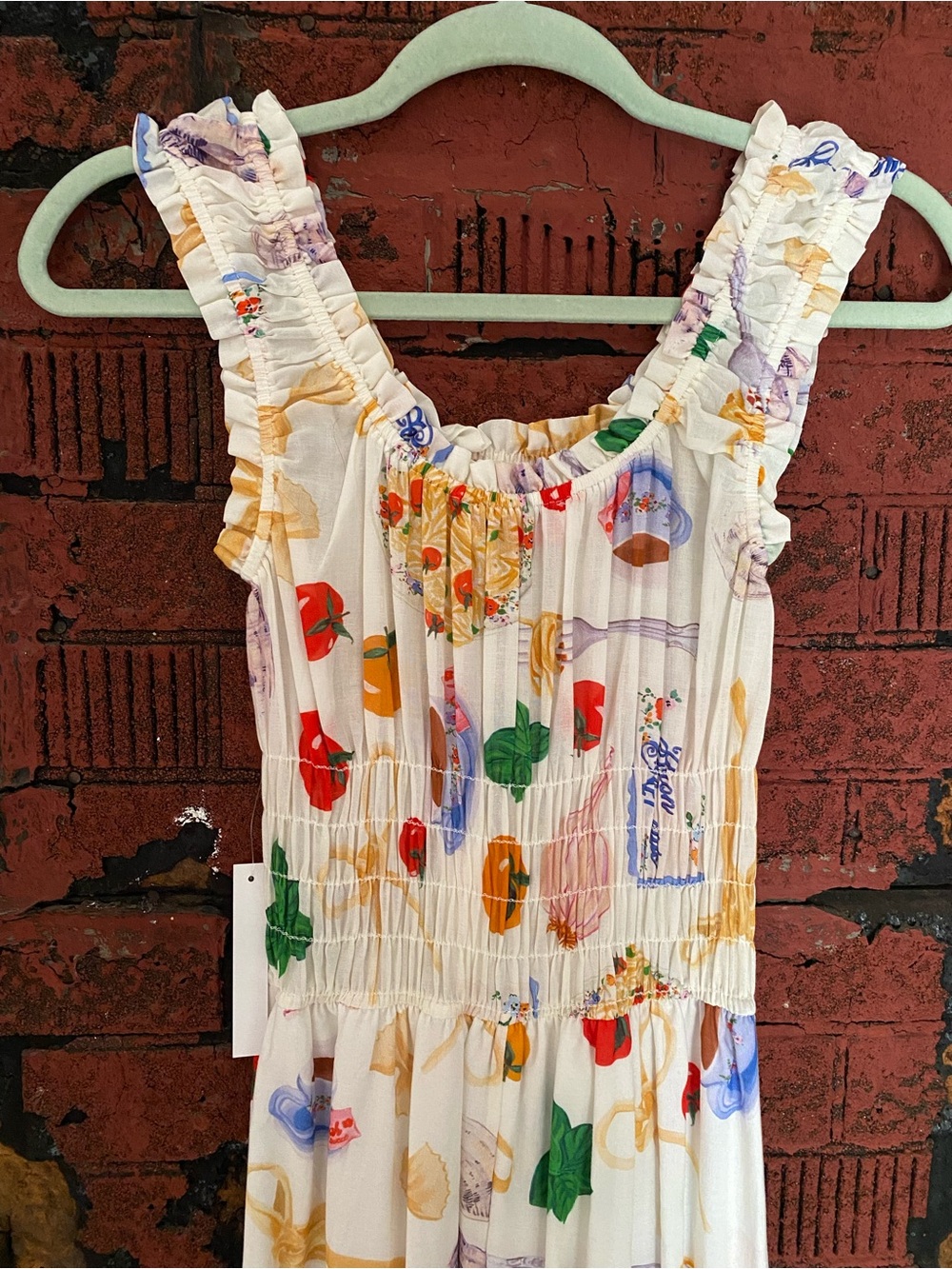 Lisa Says Gah Ivory Maxi Annie Dress, Colorful Buon Appetito Print, NWT Small - Picture 12 of 12